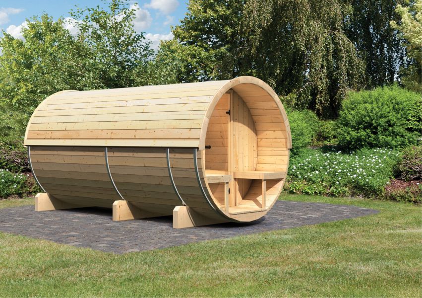 Karibu Massivholzsauna Fasssauna 400x216 cm | Wandstärke 42mm