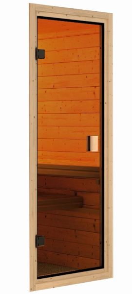 Karibu Massivholzsauna Saunahaus Cuben mit Vorraum | terragrau | 276x276 cm | Wandstärke 38mm