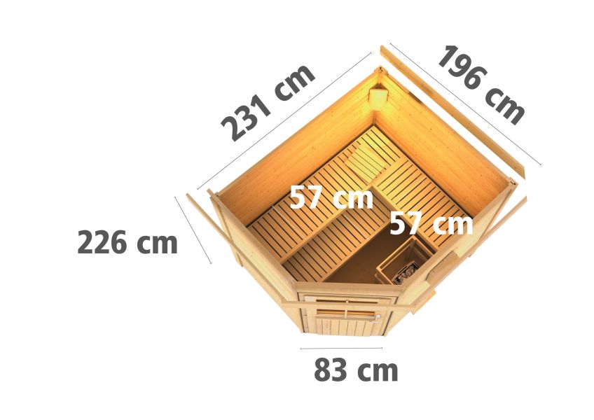 Karibu Massivholzsauna Saunahaus Mikka 231x196 cm | Wandstärke 38mm