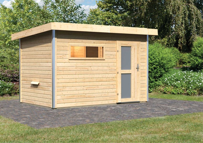 Karibu Massivholzsauna Saunahaus Skrollan 1 mit Vorraum | 337x196 cm | Wandstärke 38mm