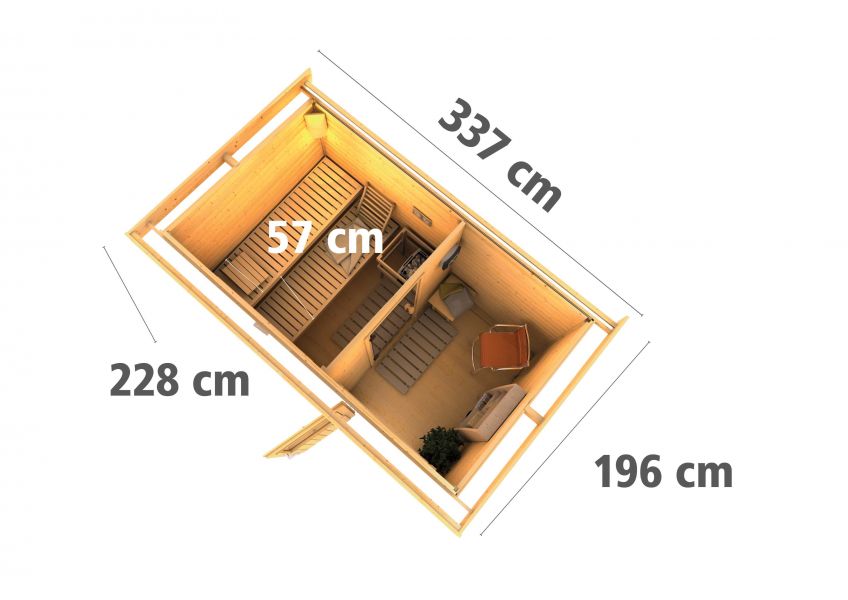Karibu Massivholzsauna Saunahaus Skrollan 1 mit Vorraum | 337x196 cm | Wandstärke 38mm
