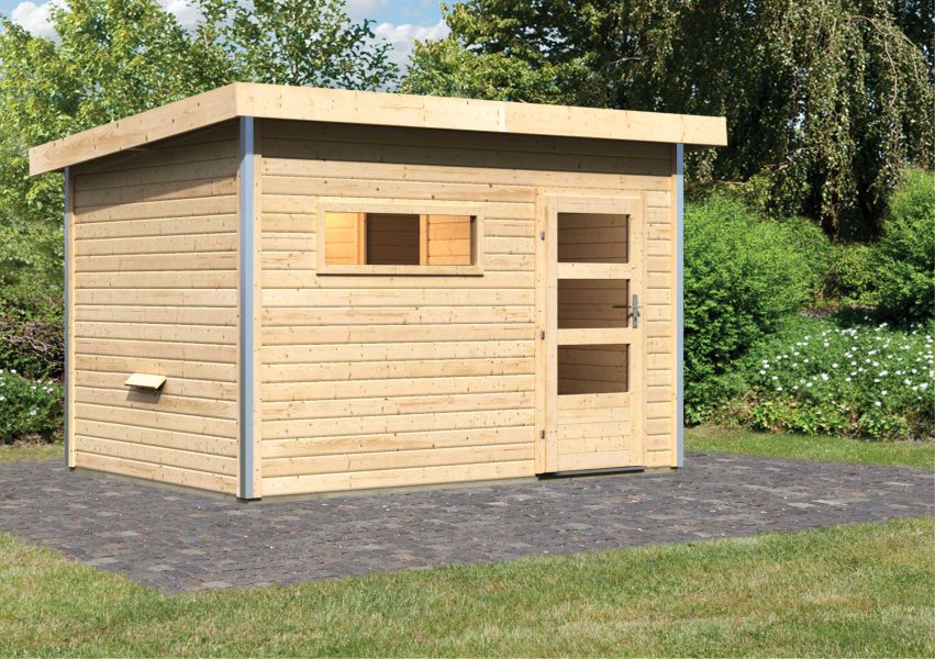 Karibu Massivholzsauna Saunahaus Skrollan 2 mit Vorraum | 337x231 cm | Wandstärke 38mm