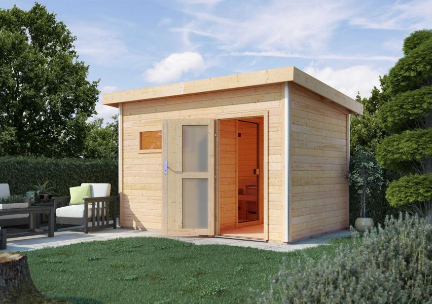 Karibu Massivholzsauna Saunahaus Skrollan 2 mit Vorraum | 337x231 cm | Wandstärke 38mm