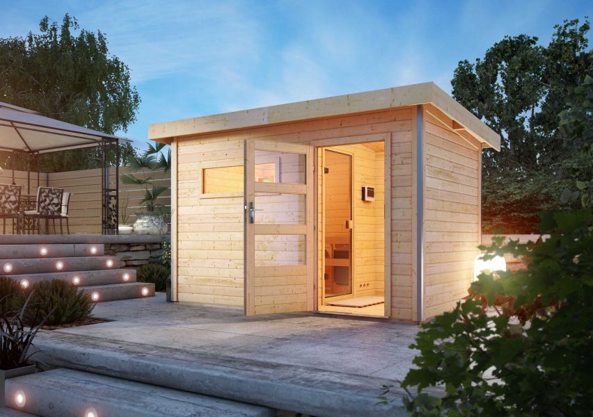 Karibu Massivholzsauna Saunahaus Skrollan 3 mit Vorraum | 393x231 cm | Wandstärke 38mm