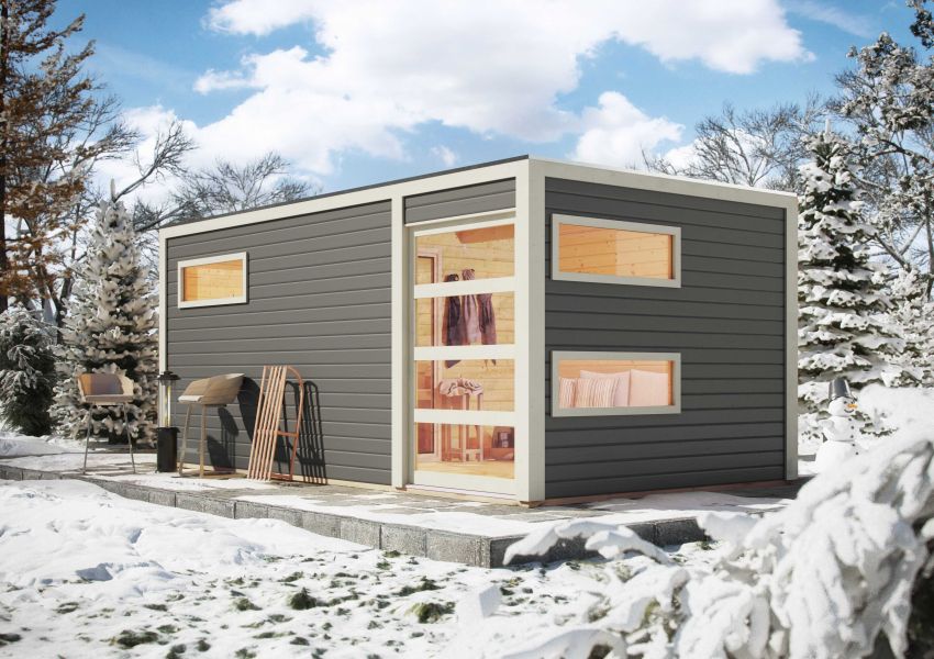 Karibu Massivholzsauna Saunahaus Hygge mit Vorraum | terragrau | 508x276 cm | Wandstärke 38mm