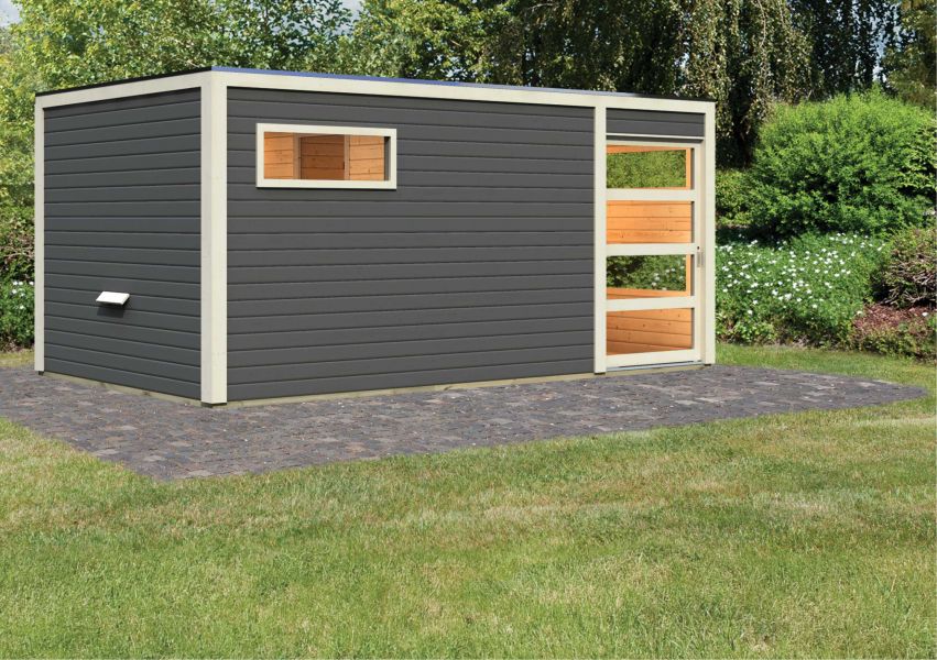 Karibu Massivholzsauna Saunahaus Hygge mit Vorraum | terragrau | 508x276 cm | Wandstärke 38mm