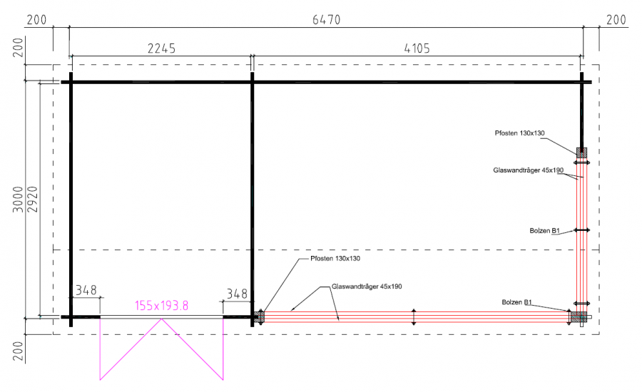 Grundriss Gartenhaus 40mm  Aussensitzplatz 667x340cm mit Anbau