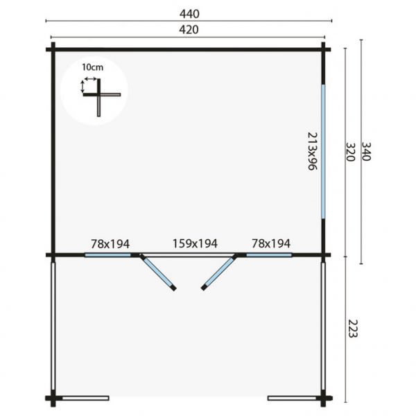 Grundriss Gartenhaus Bolton 58mm 440x340+223cm
