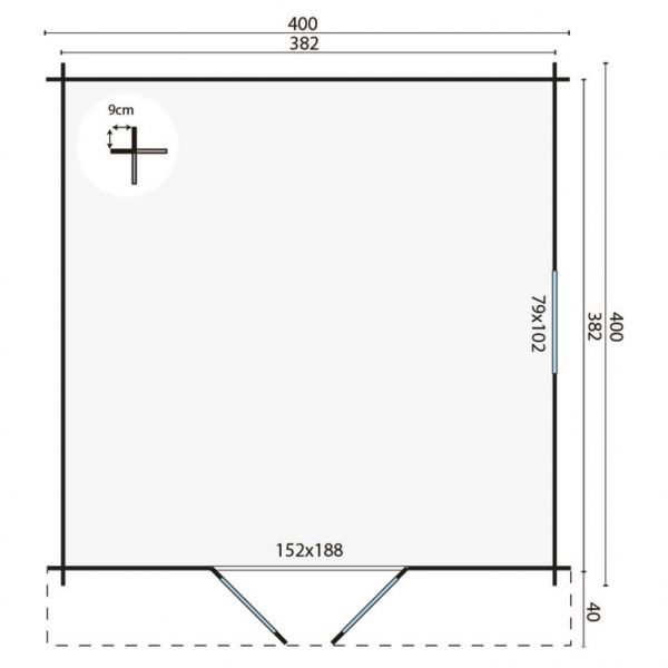 Grundriss Gartenhaus Gunda 40mm 400x400+40cm Vordach
