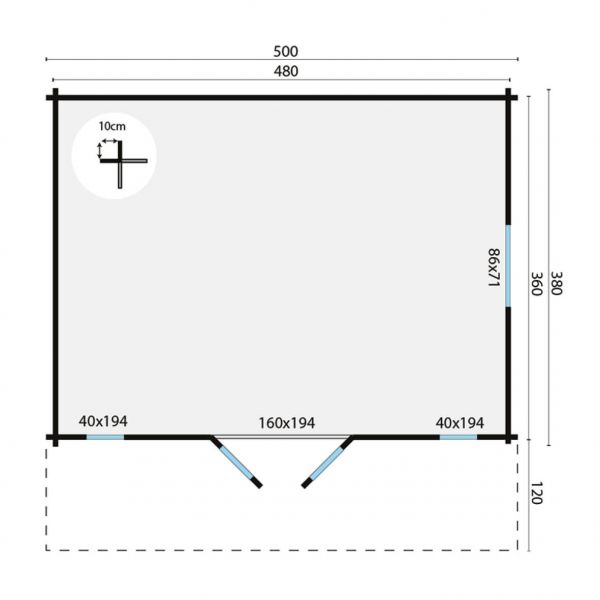 Grundriss Gartenhaus Gustav 44mm 500x380+120cm Vordach