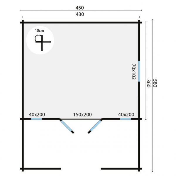 Grundriss Gartenhaus Heino 44mm 450x380+200cm Terrasse