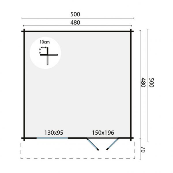 Grundriss Gartenhaus Hendrick 44mm 500x500+70cm Vordach
