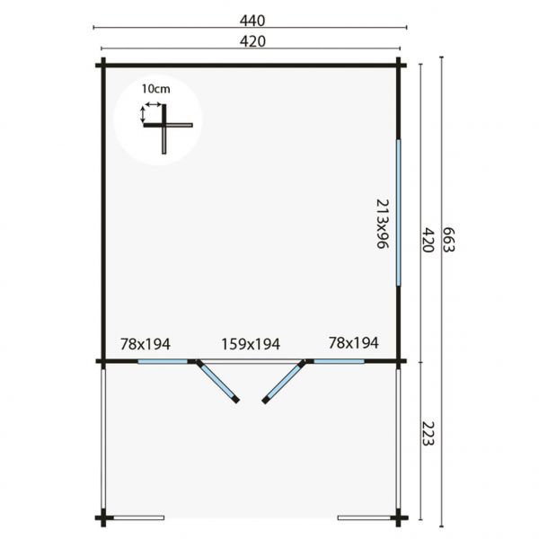 Grundriss Gartenhaus Ipswich 58mm 440x440+223cm Terrasse