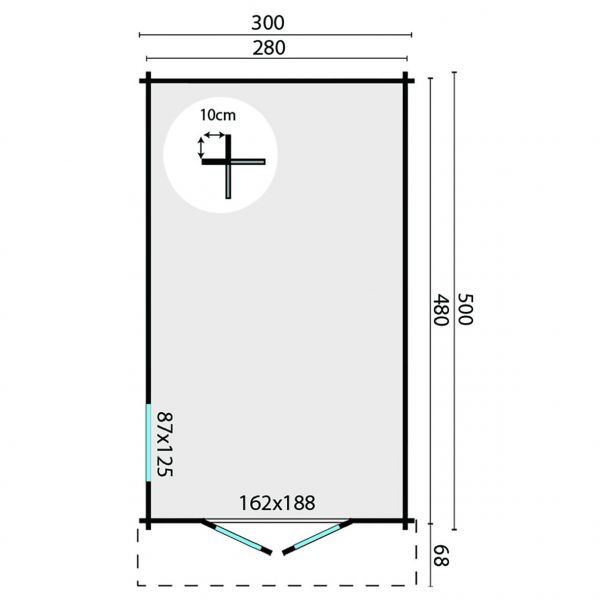 Grundriss Gartenhaus Julia 40mm 300x500+68cm Vordach