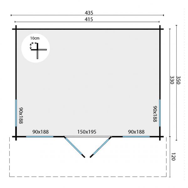 Grundriss Gartenhaus Lory 44mm 435x350+120cm