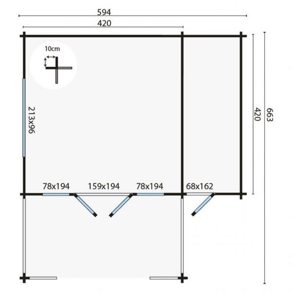 Grundriss Gartenhaus Manchester 58mm 440+154x440+223cm 