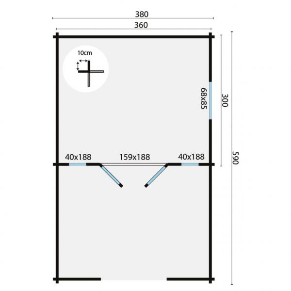 Grundriss Gartenhaus Sanstrov 44mm 380x320+270cm Terrasse