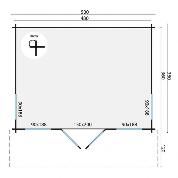 Grundriss Gartenhaus Yorick 44mm 500x380+120cm