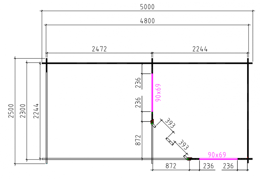 Grundriss aussen 5 Eck Gartenhaus Piet 28mm 500x250cm