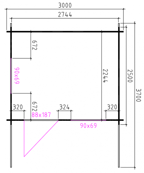 Grundriss Gartenhaus Timeo 28mm 300x250cm + Vordach 20cm