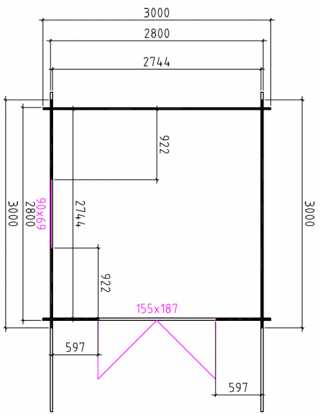 Grundriss Gartenhaus Yannes 300x300cm + Vordach 100cm