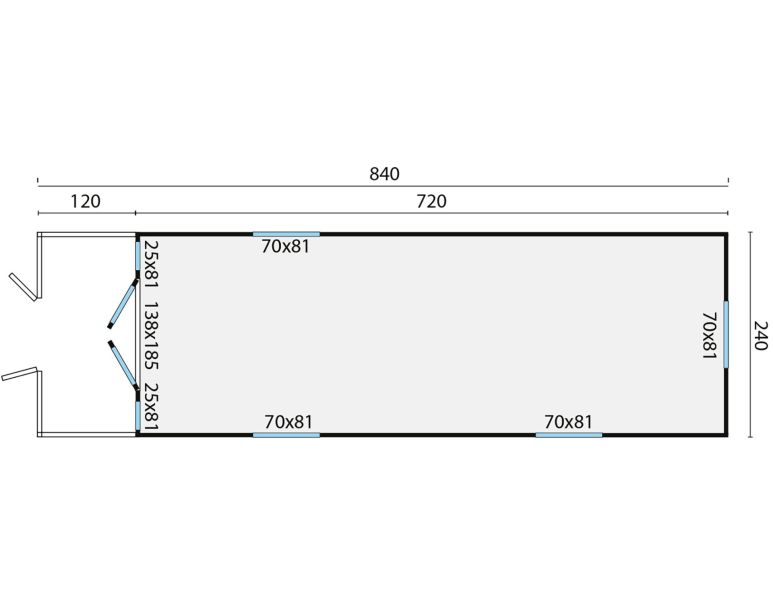 Grundriss Bauwagen 840 Jimmy mit Veranda 240x840cm