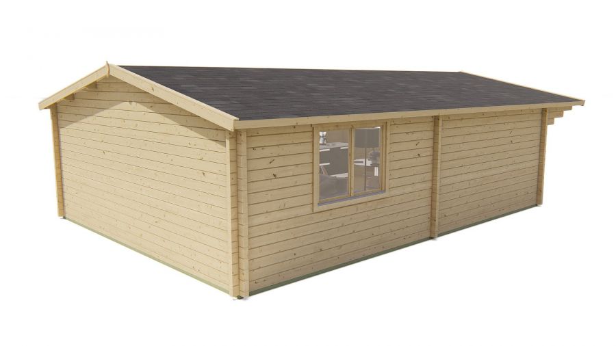 Seitliche Ansicht von Hinten Gartenhaus Ballyragget 70mm 595x800+140cm Vordach