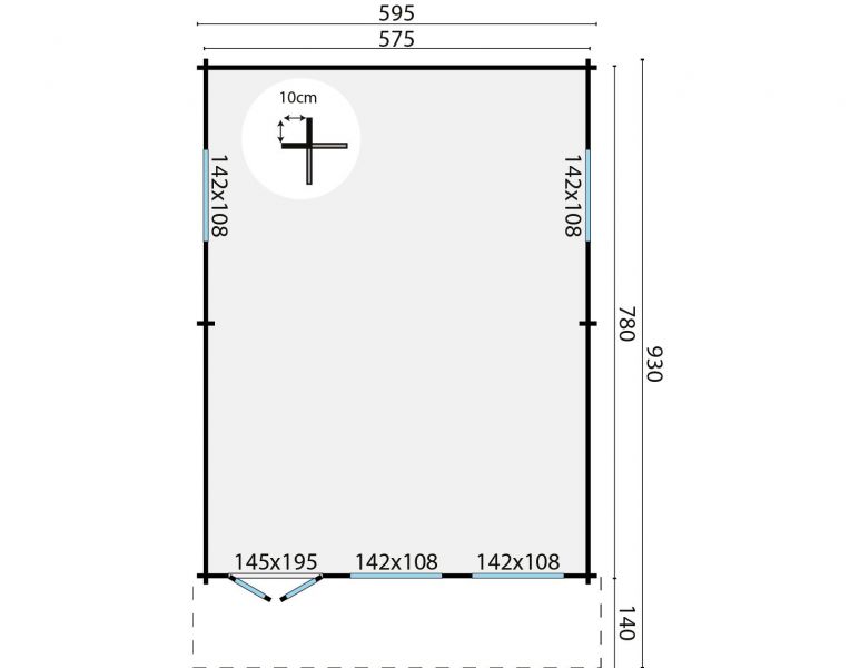 Grundriss Gartenhaus Ballyragget 70mm 595x800+140cm Vordach