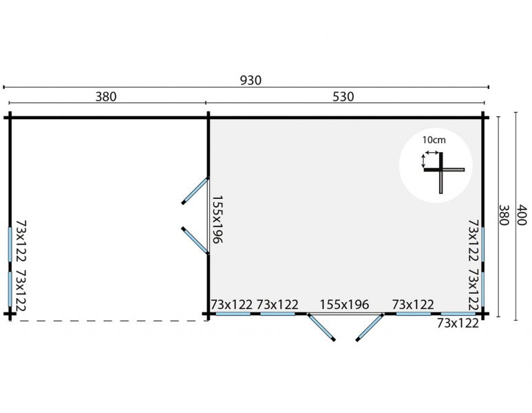 Grundriss Gartenhaus Big Ben 70mm 930x400cm