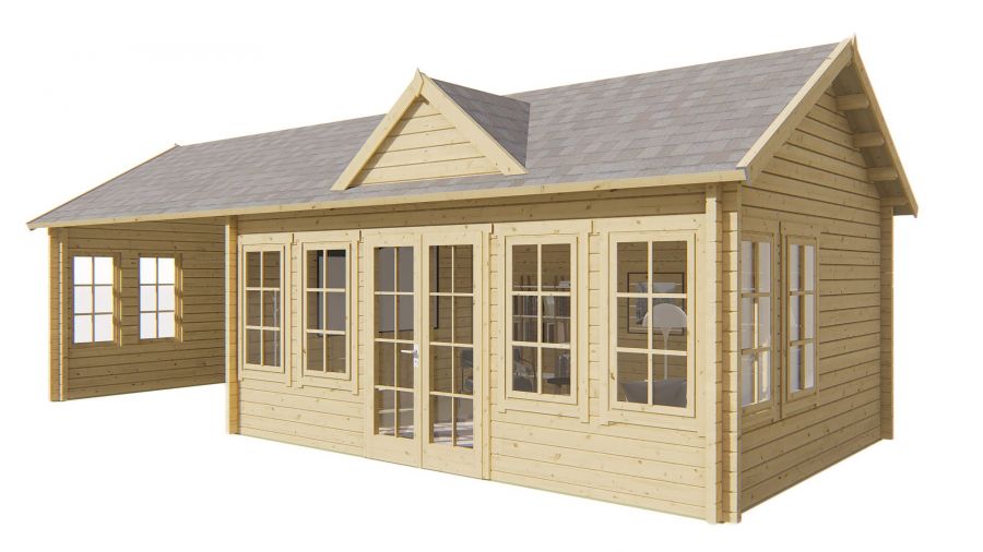 Seitliche Ansicht von Vorne Gartenhaus Big Ben 70mm 930x400cm