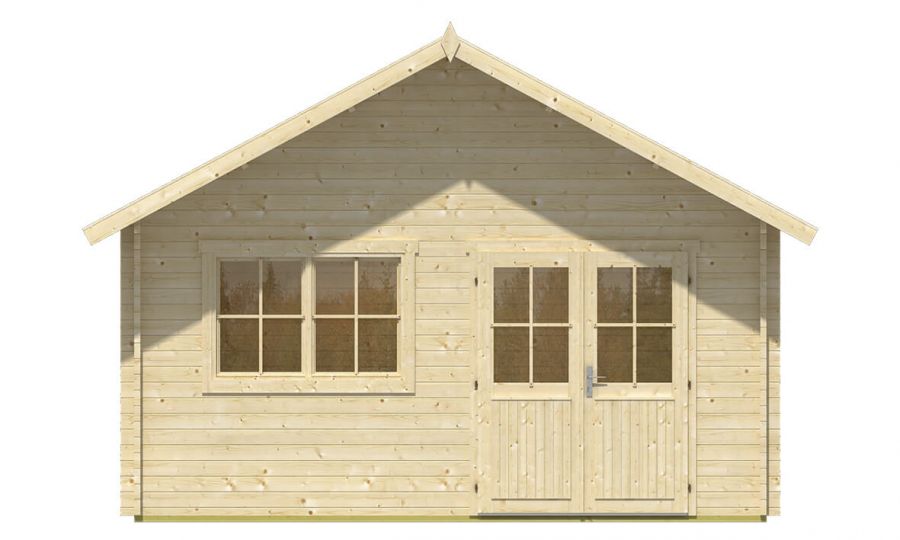 Ansicht Frontseite Gartenhaus Blockhaus Berlin 44mm 490x600cm