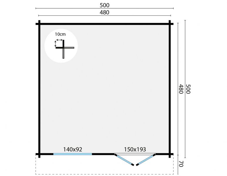 Grundriss Gartenhaus Dingle 70mm 500x500+70cm Vordach