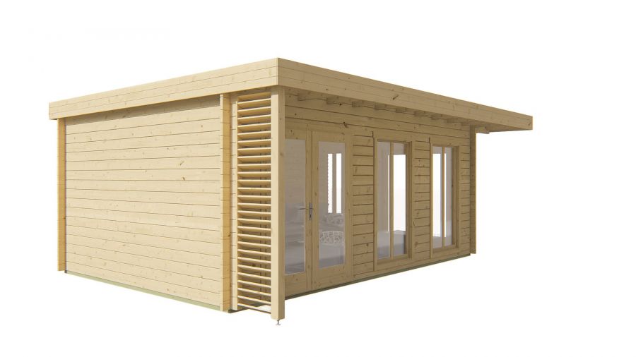 Seitliche Ansicht von Vorne Gartenhaus Hildegard 44mm 670 x 480cm