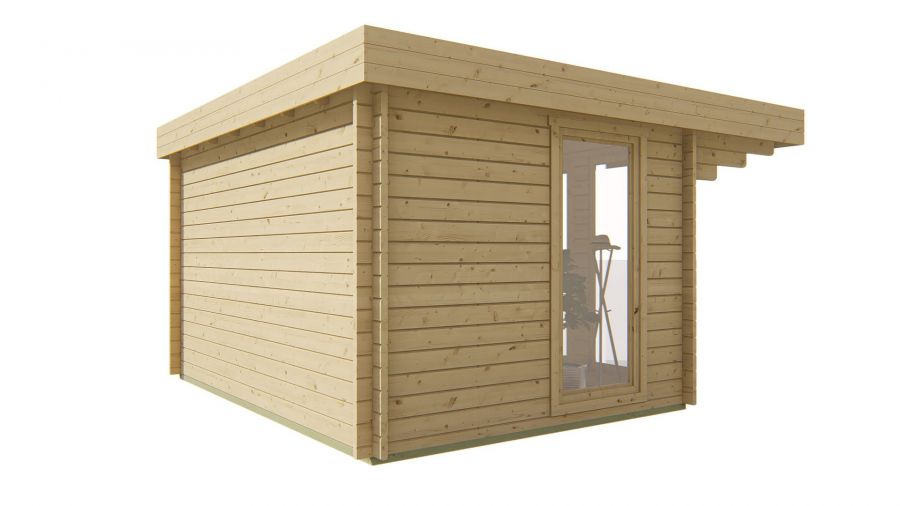 Seitliche Ansicht von Hinten Gartenhaus James 44mm 400x300+120cm Vordach
