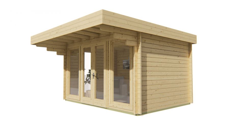 Seitliche Ansicht von Vorne Gartenhaus James 44mm 400x300+120cm Vordach