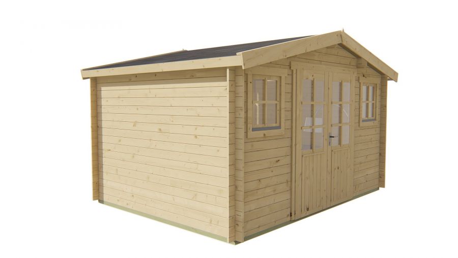 Seitliche Ansicht Gartenhaus Juha 28mm 400x300cm