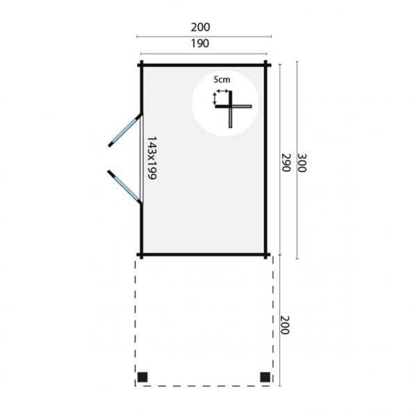 Grundriss  Gartenhaus Middelmodern 28mm 500x200cm