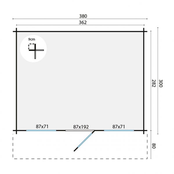 Grundriss Gartenhaus Mika 28mm 380x300 + 80cm Vordach