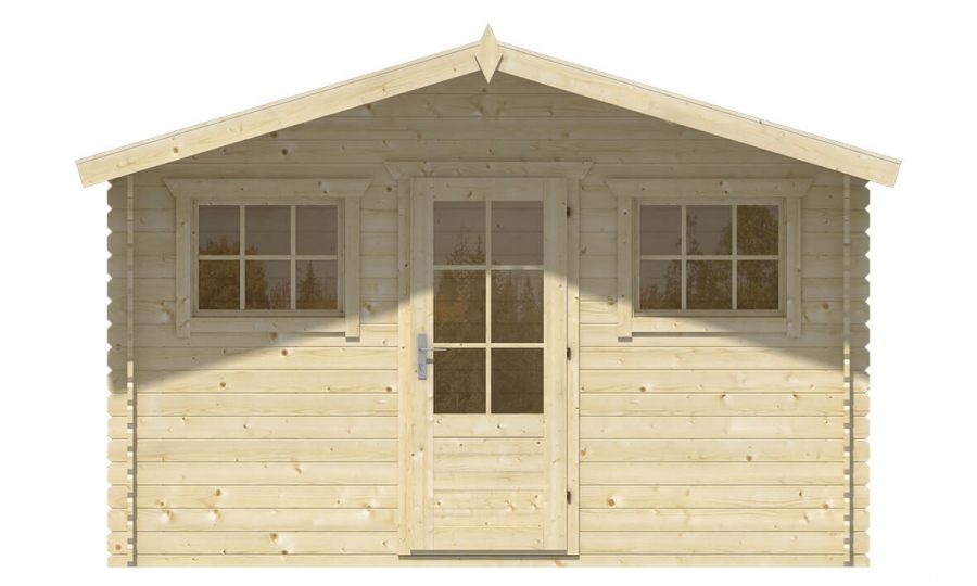 Ansicht Frontseite Gartenhaus Mika 28mm 380x300 + 80cm Vordach