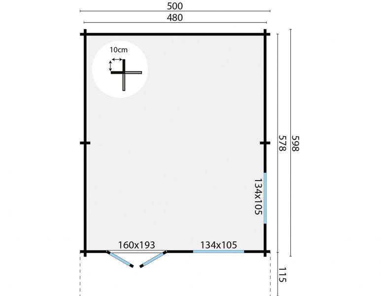 Grundriss Gartenhaus Niedersachsen 70mm 500x598+115cm Vordach