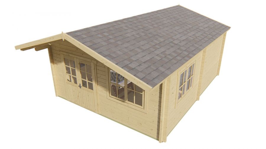 Seitliche Ansicht von Vorne Gartenhaus Niedersachsen 70mm 500x598+115cm Vordach