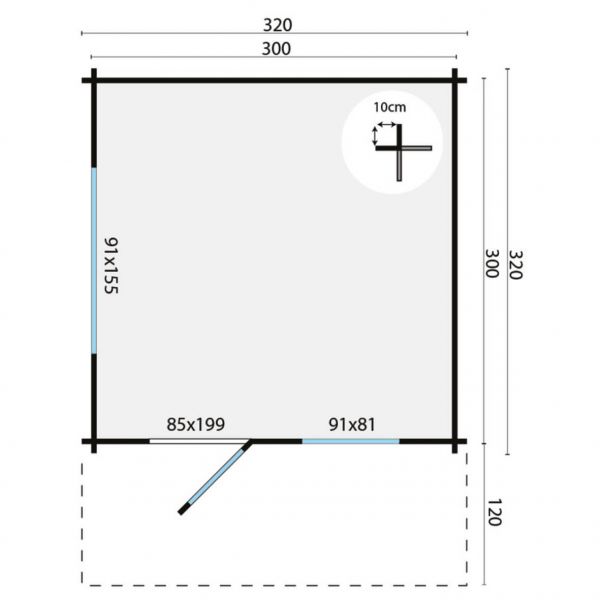 Grundriss Gartenhaus Riho 40mm 320x320+120cm Vordach