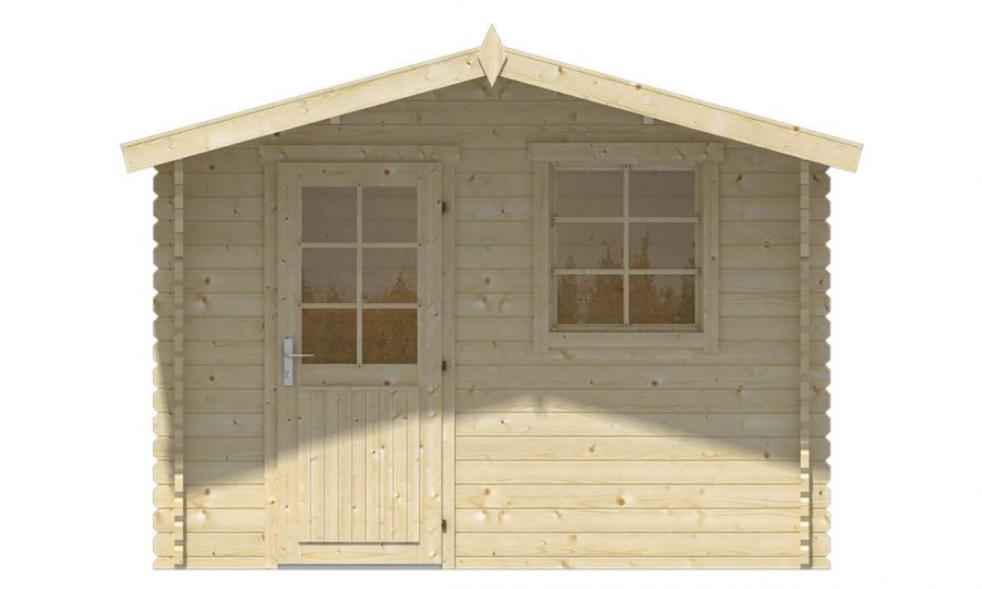 Ansicht Frontseite Gartenhaus Riho 40mm 320x320+120cm Vordach