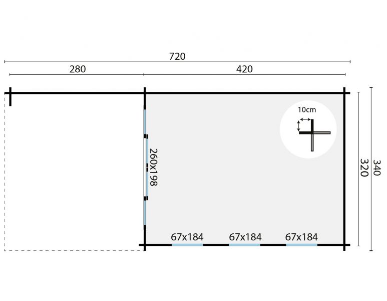 Grundriss Gartenhaus Skeg 44mm 720x340cm