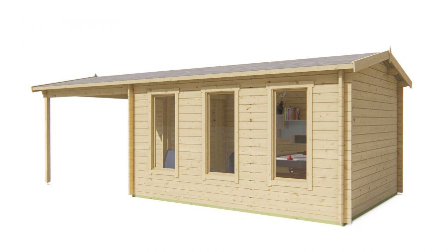 Seitliche Ansicht von Vorne Gartenhaus Skeg 44mm 720x340cm