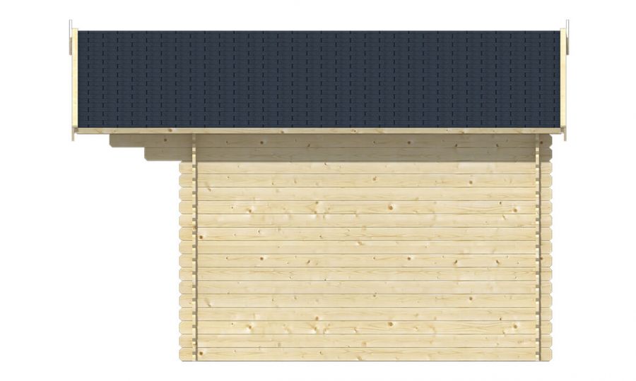 Ansicht Rechte Seite Gartenhaus Skyler 28mm 500x320 + 100cm Vordach