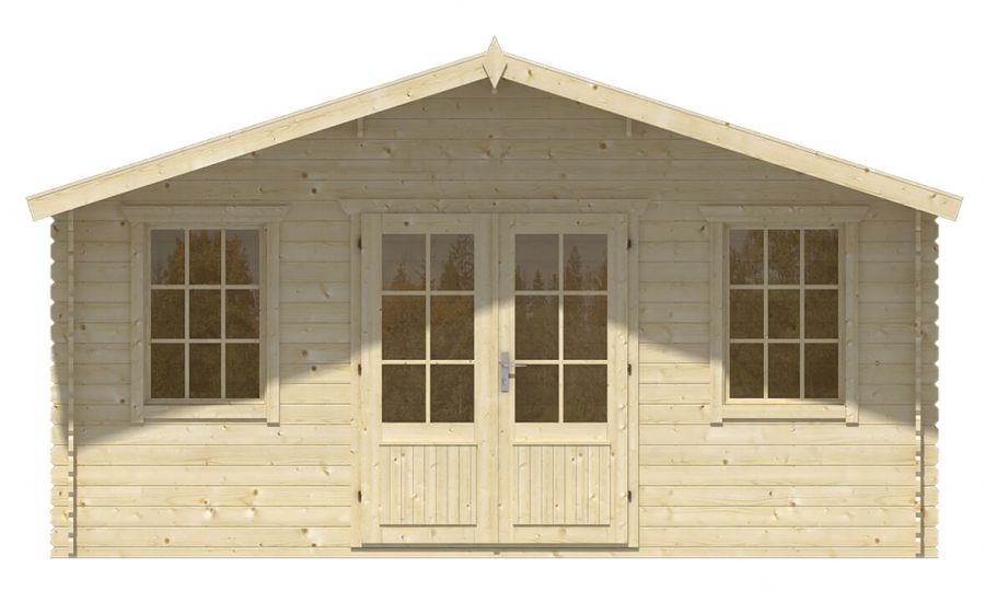 Ansicht Frontseite Gartenhaus Skyler 28mm 500x320 + 100cm Vordach