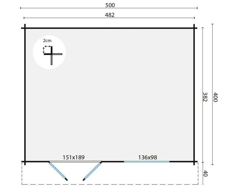 Grundriss Gartenhaus Toledo 34mm 500x400 + 40cm Vordach