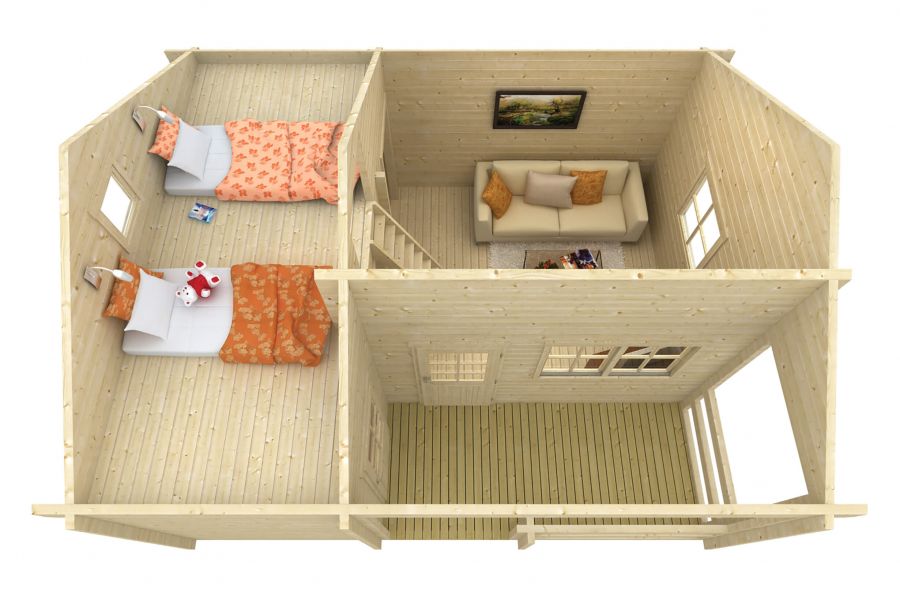 Ansicht zweite Etage Gartenhaus Wochenendhaus Edelweiss 70mm 600x510cm