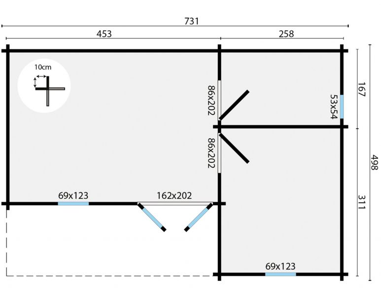 Grundriss Gartenhaus Wochenendhaus Ollie 70mm 498x731cm